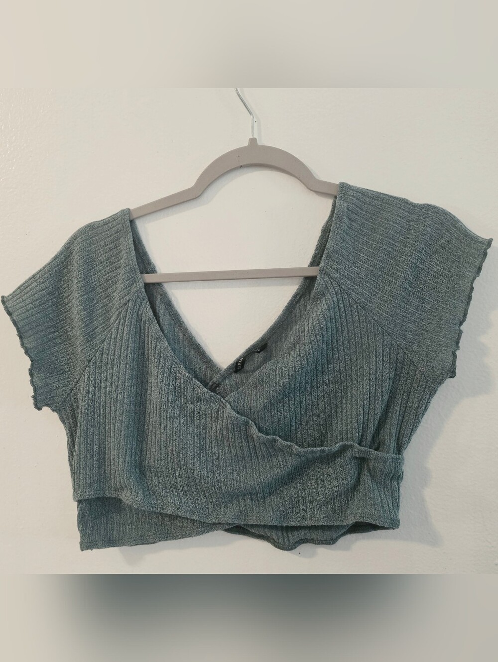 Ribbed Faux Wrap Crop Top Sage Green XL Flutter Sleeve